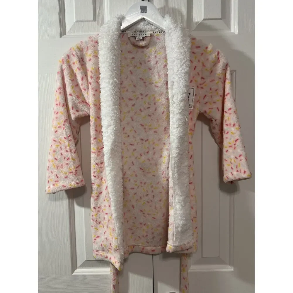 Rae Dunn Kids Girls Sprinkle Print Plush‎ Robe Size S 5/6 Pink White Sweet
